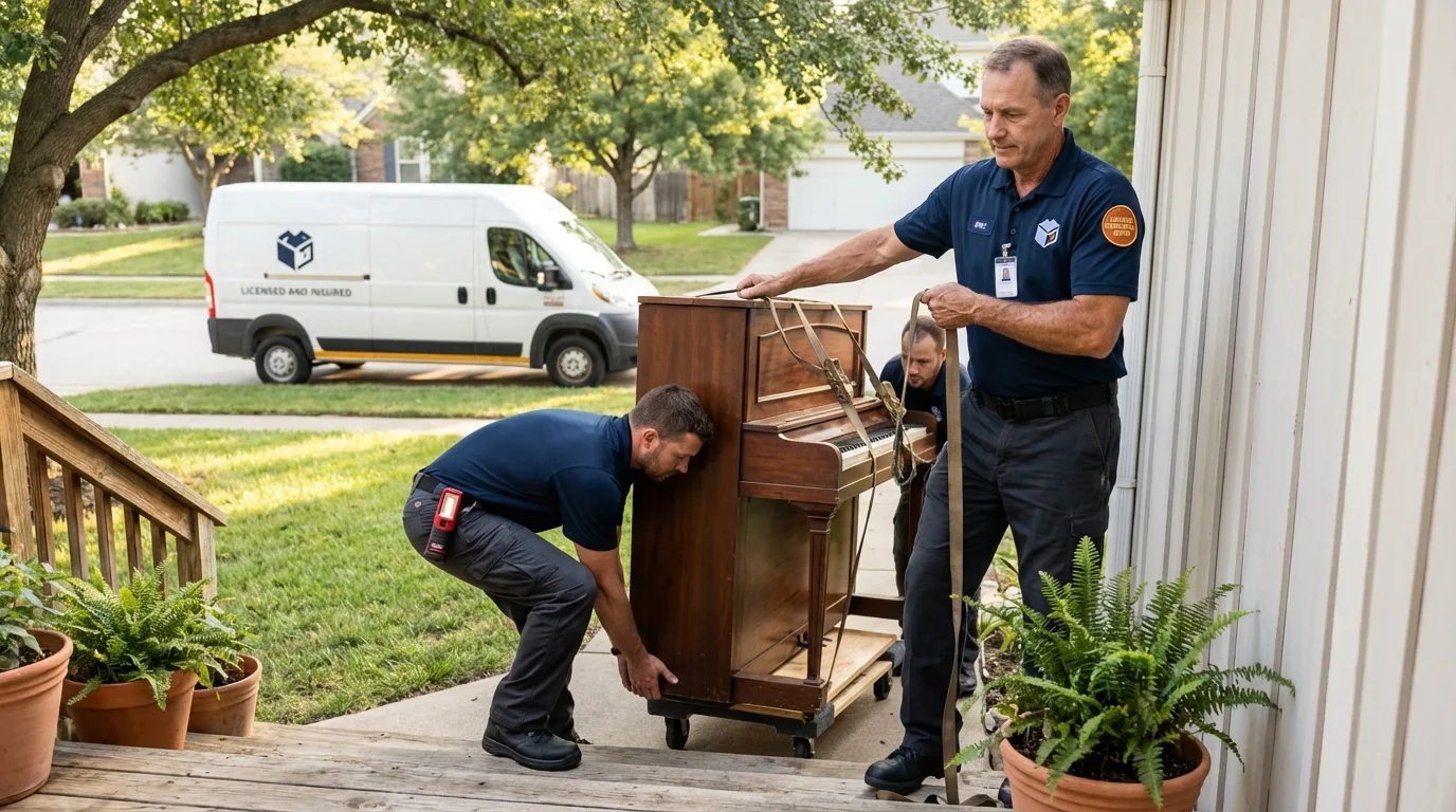 Licensed piano movers securing grand piano in Unicoi, TN