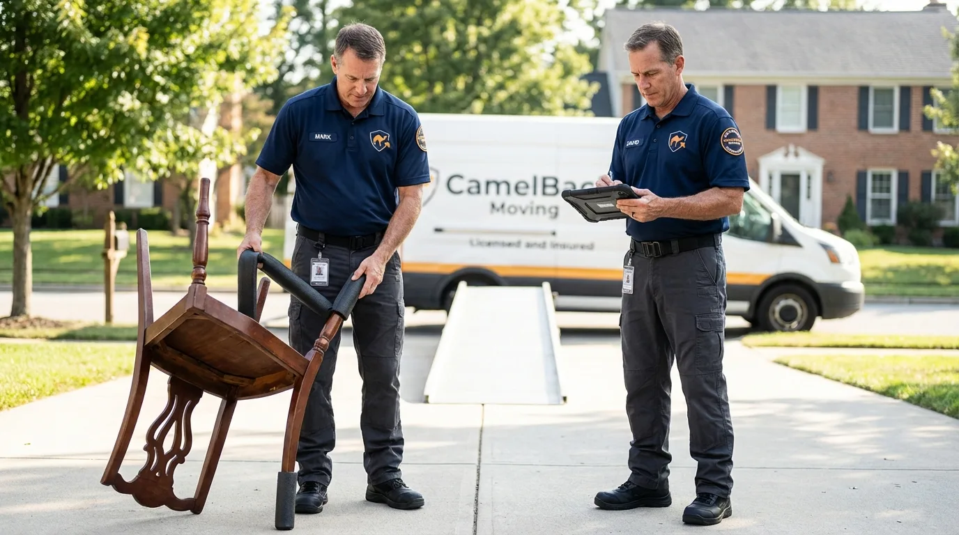 Movers inspecting furniture for damage prevention before loading in Unicoi, TN